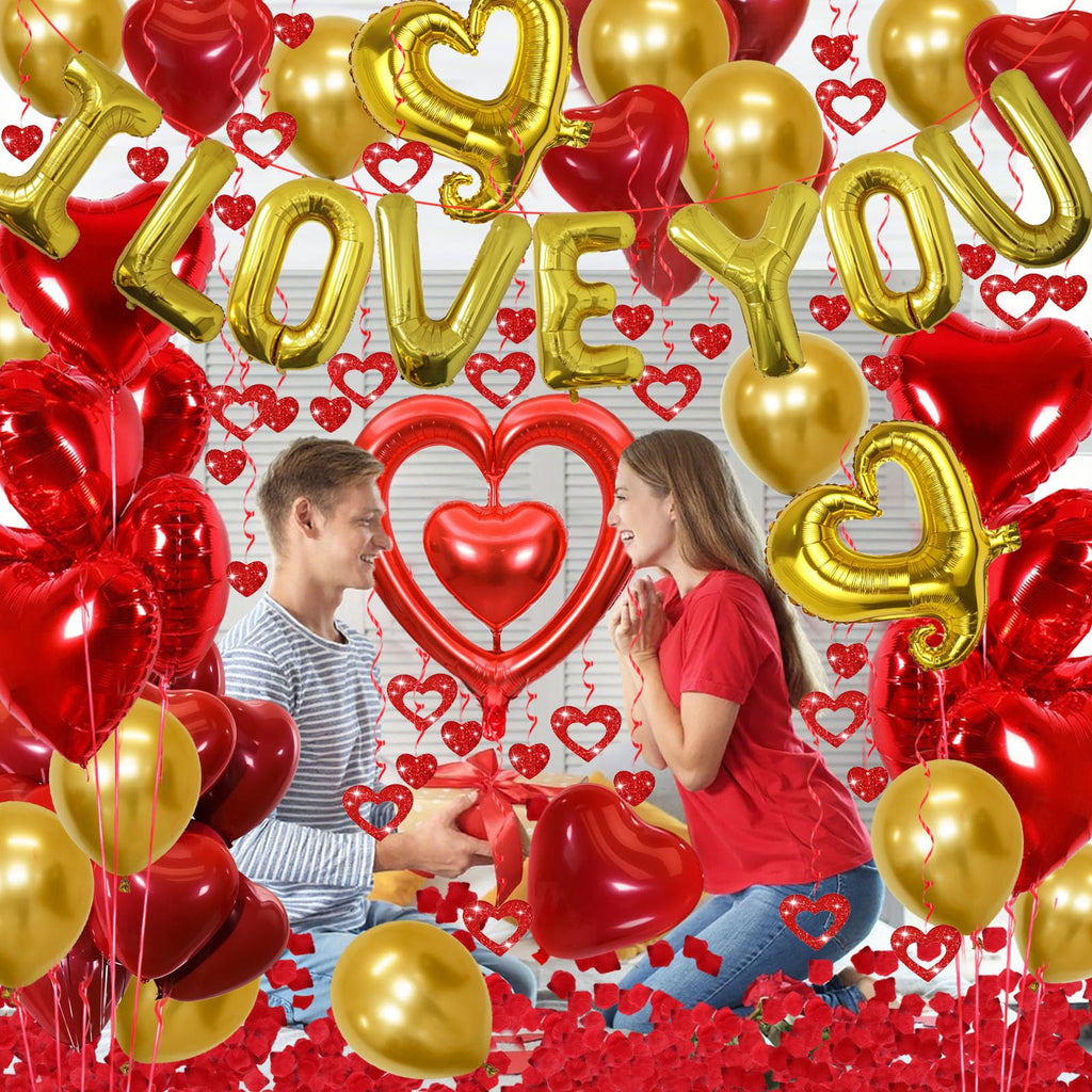 Butiomom Valentines Day Decorations — Gold I LOVE YOU Balloons & Rose Petals