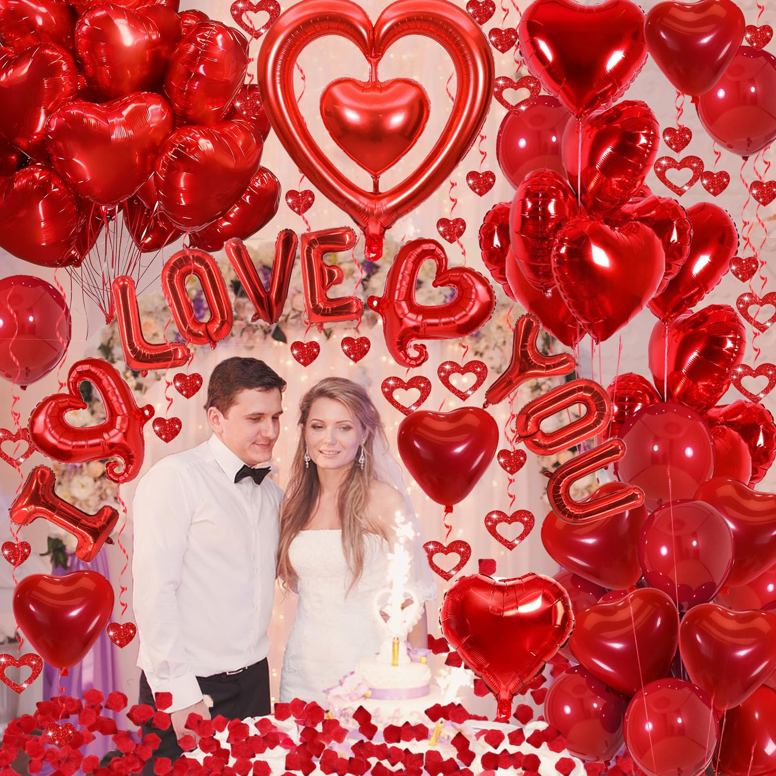 Butiomom Valentines Day Decorations – I LOVE YOU Balloons, Red Rose Petals & Heart Balloons Set