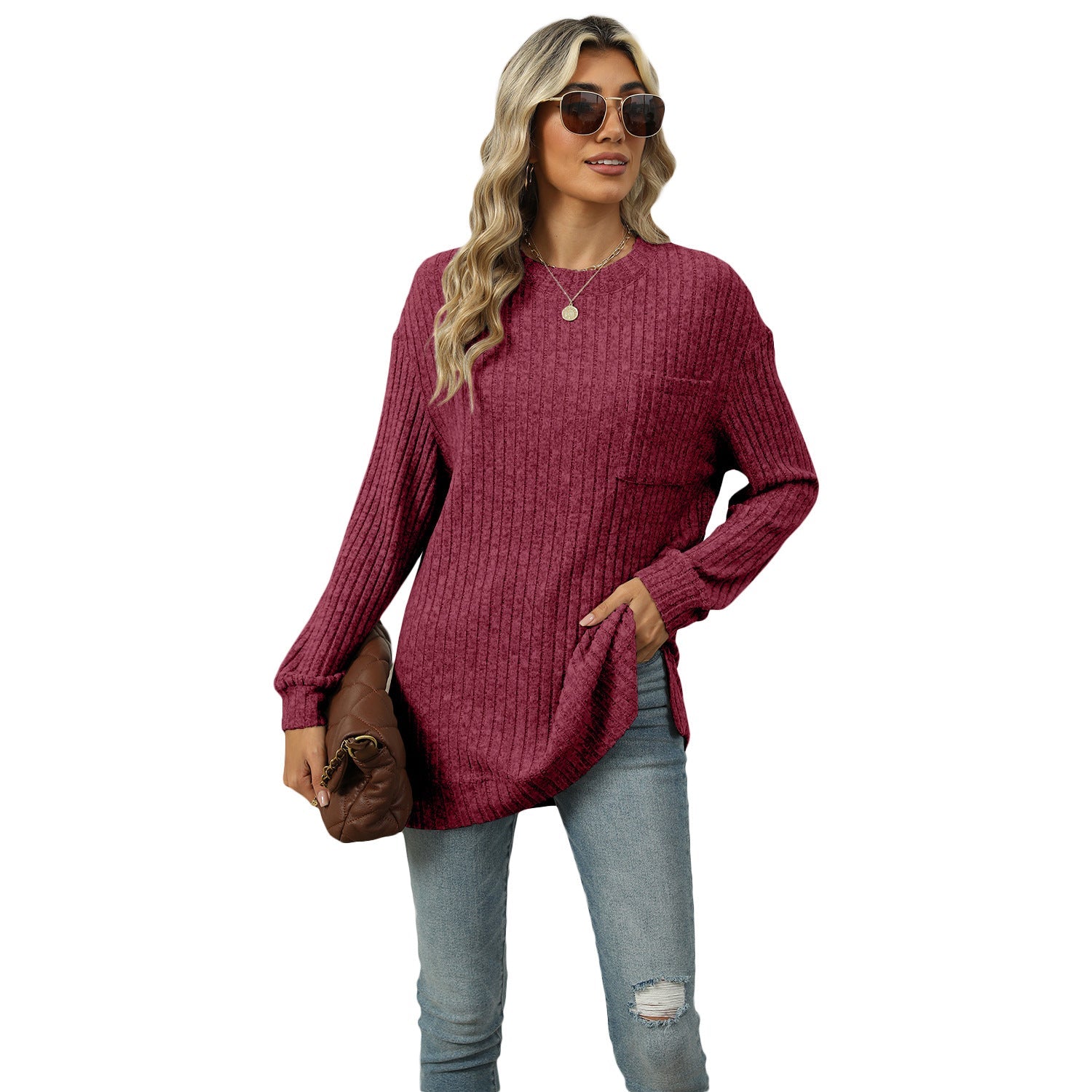 Slit Loose T-shirt Solid Color Top For Women