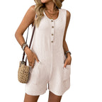 Women's Summer Jumpsuit Round Neck Casual Sleeveless Solid Color Short Jumpsuit With Pockets Women Turtle Neck Holiday Beach Shorts