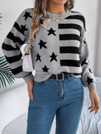 Women Casual Star Stripe Lantern Sleeve Long Sleeve Pullover Sweater