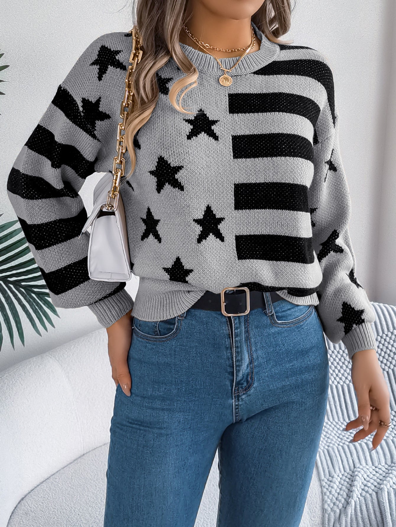 Women Casual Star Stripe Lantern Sleeve Long Sleeve Pullover Sweater