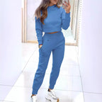 Stand Collar Sports Suit Fashion Pullover Long-sleeves Short Top And Slim Trousers With Pockets Solid Outfits Women's Clothing