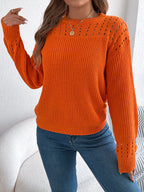 Women Casual Solid Color Hollow Out Lantern Sleeve Pullover Sweater