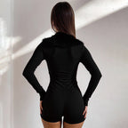 Black Faux Fur-trimmed, Figure-flattering, Long-sleeved Bodysuit