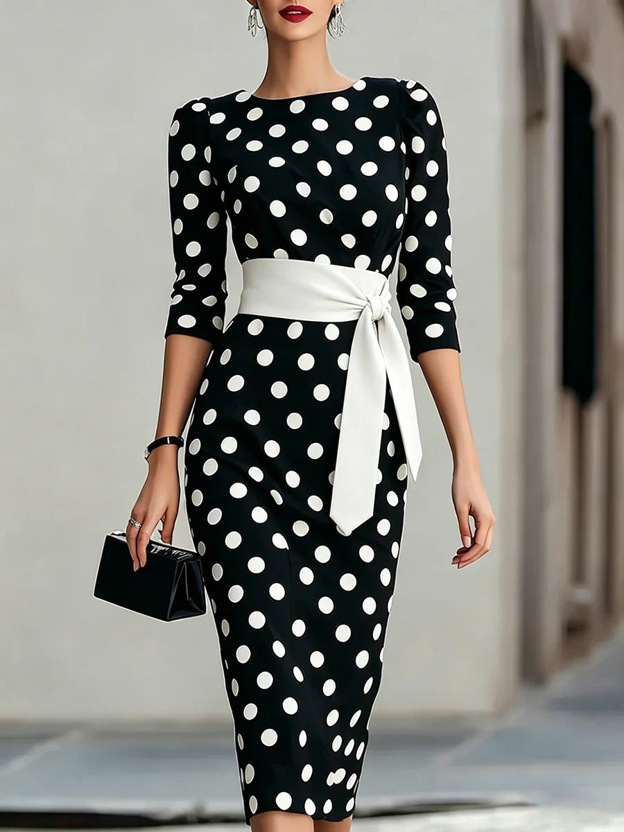 Retro Polka-dot Navy Blue Belted Waist-hugging Elegant Dress
