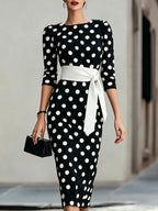 Retro Polka-dot Navy Blue Belted Waist-hugging Elegant Dress