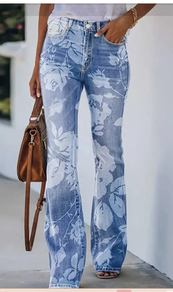 Plus Size Printed Denim Thin Casual Pants