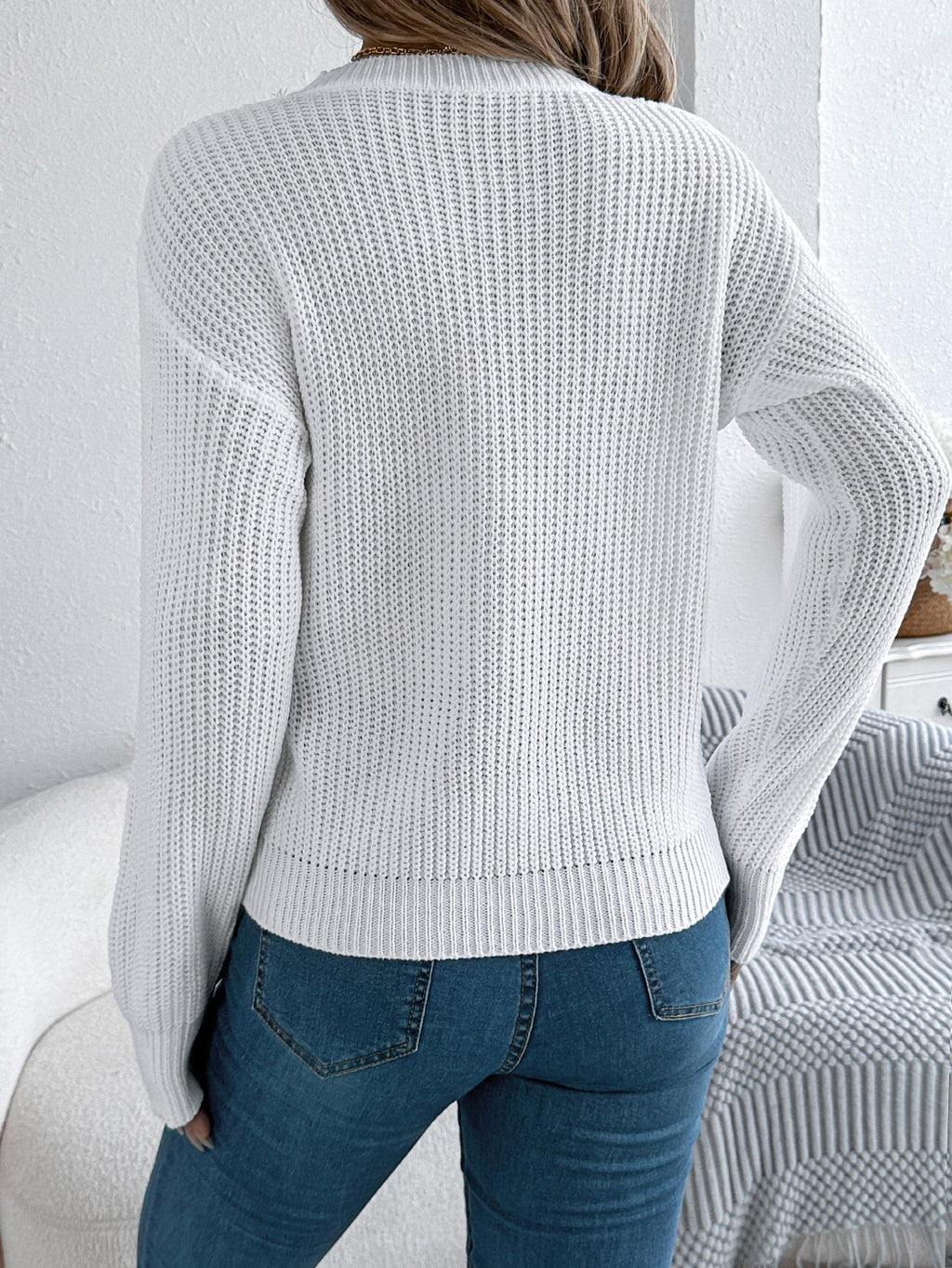 Women Casual Solid Color V-Neck Hollow Out Lantern Sleeve Pullover Sweater