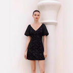 Retro Waist-Cinching Lace-Up Patchwork Pleated-Sleeve Dress