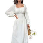 Women's Fashion Square-neck Tie-waist Figure-flattering A-line Dress With Long Sleeves And An Elegant Vibe