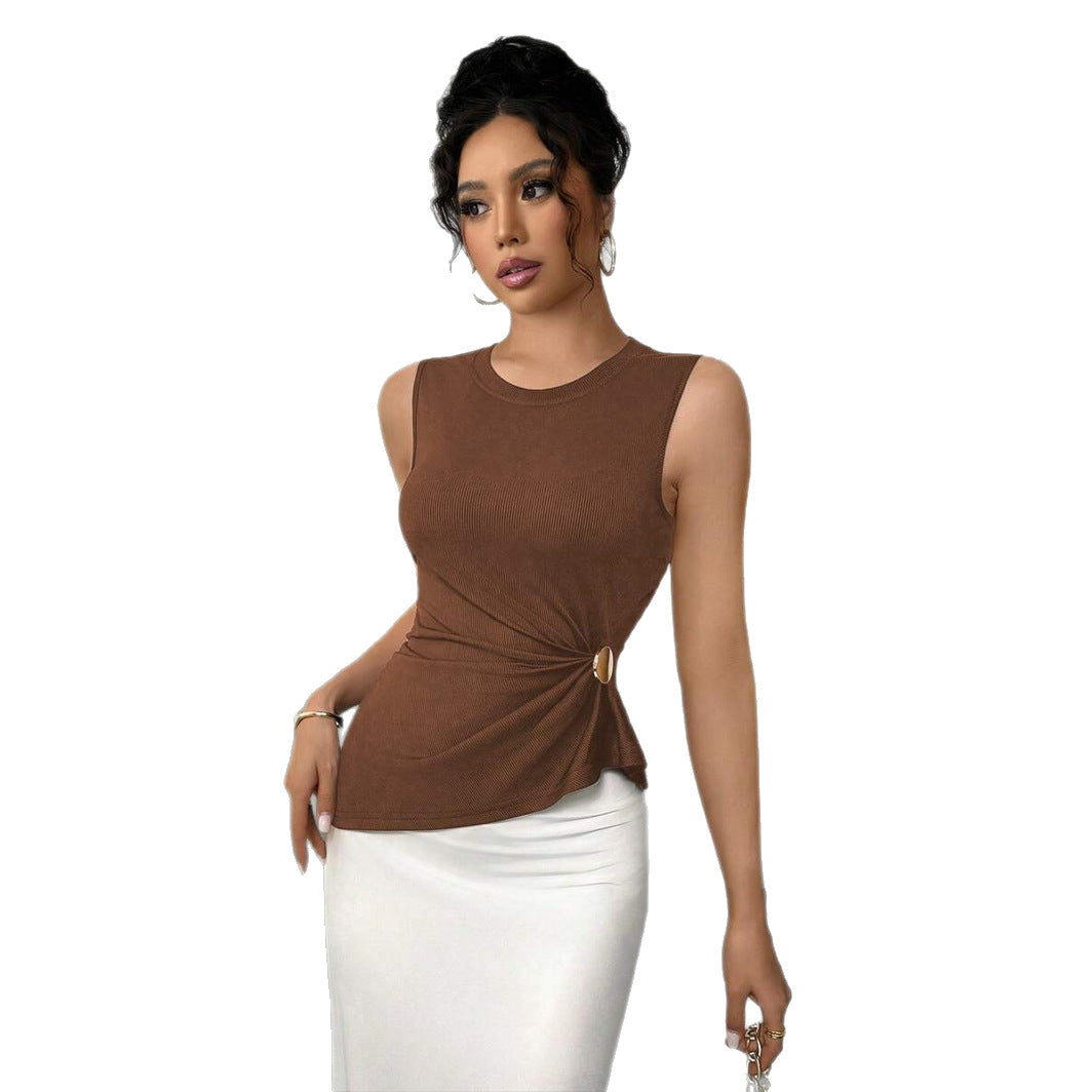 Solid-color Pleated Waist-cinching Sleeveless Top For Women