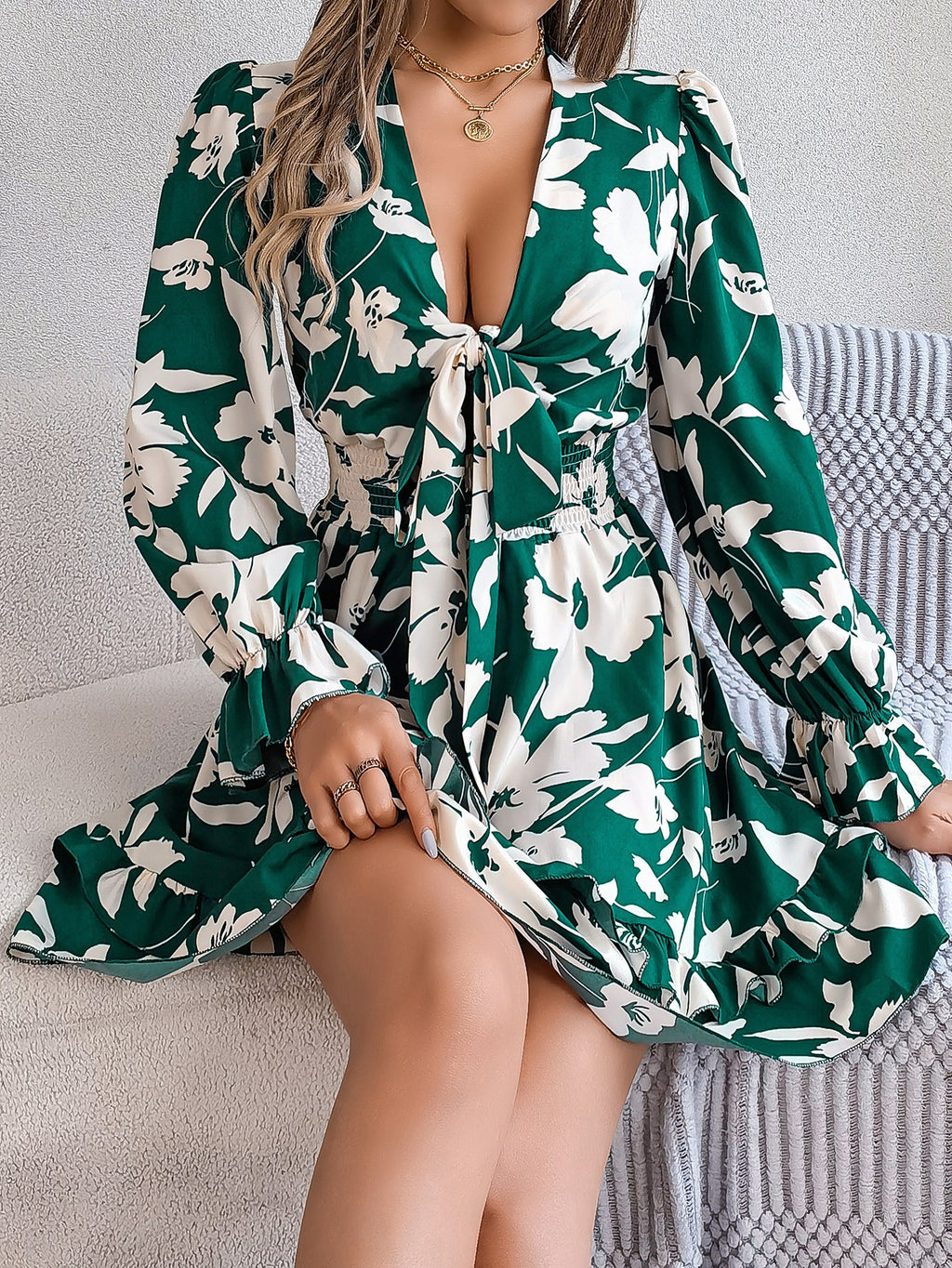 Women's Floral Long Sleeve Scalloped Hem A-Line Dress
