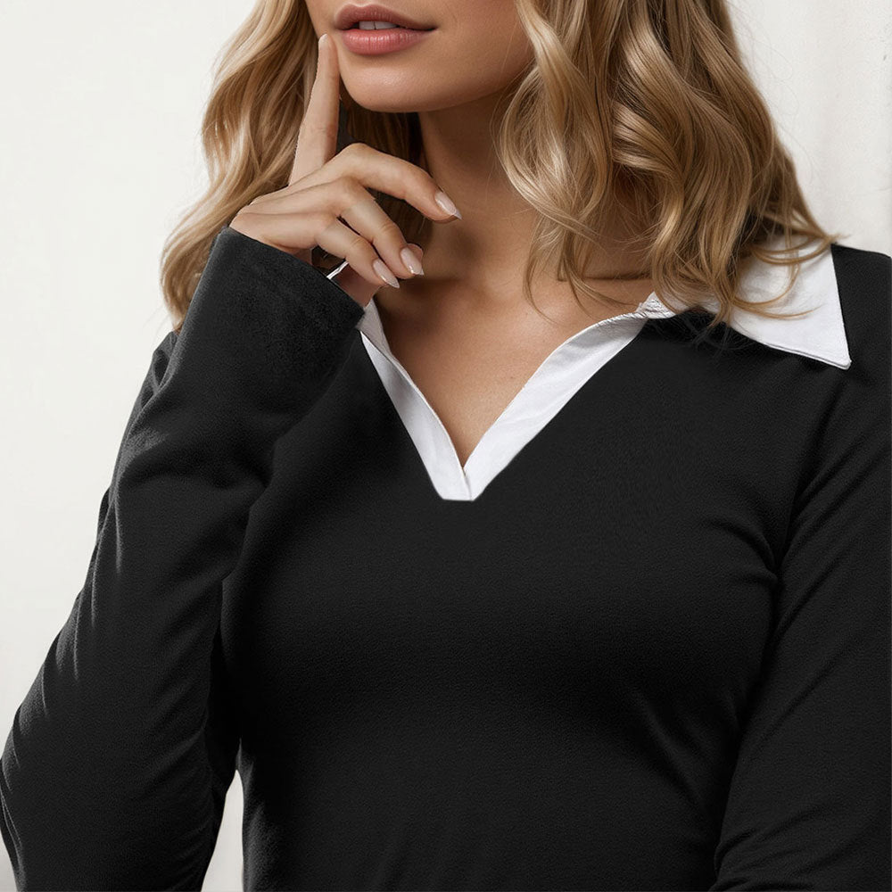 Contrastcolor Faux Twopiece Knit Dress With Long Sleeves And An Aline Skirt