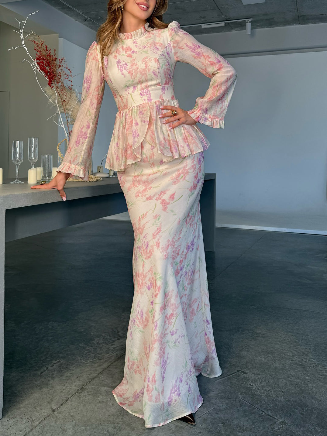 Floral Print Ruffle Top & High Waist Fishtail Skirt Set
