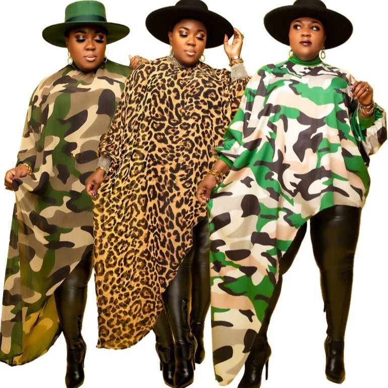 Women's Plus-Size Loose-Fit Printed Long-Sleeve Asymmetrical Dress