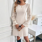 Fashion Long Sleeve Knitted Women's Lace Trim Dress