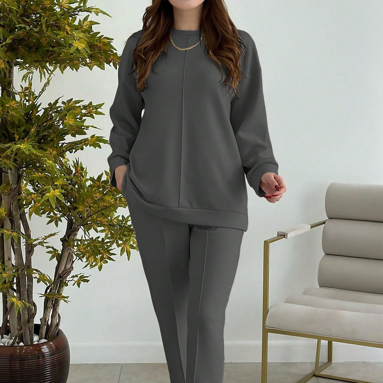 Women's Fashion Casual Solid-Color Crew-Neck Top And Pants Two-Piece Set