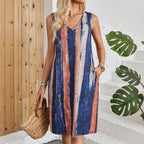 V-neck Casual Striped Color Block Sleeveless Dress