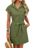 Women's Woven Dress With Lace-up Waist Cinch