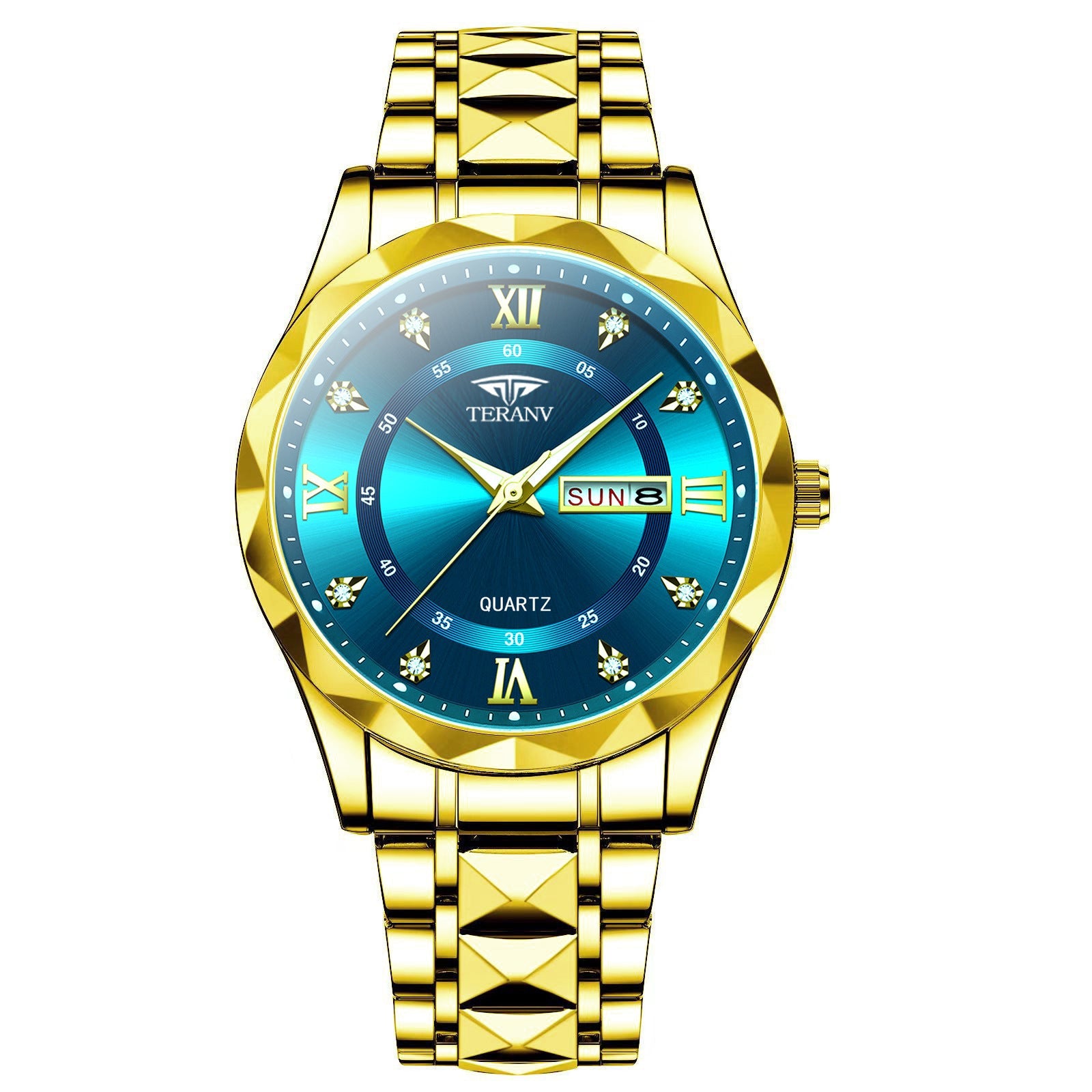 Men's Diamond Shell Calendar Watch - Stainless Steel Luxury Timepiece