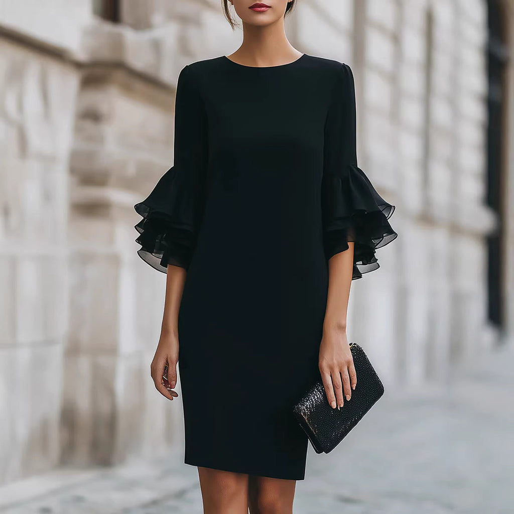 Womens Solid-Colored Ruffle-Trim Flared-Sleeve Slim-Fit Dress
