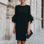 Womens Solid-Colored Ruffle-Trim Flared-Sleeve Slim-Fit Dress