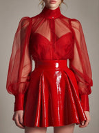 Sheer Mesh Puff Sleeve Blouse And Glossy Red Leather Mini Skirt Set