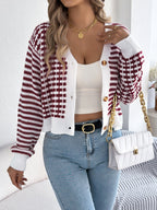 Women Color Block Stripe Lantern Sleeve Short Cardigan Sweater