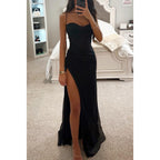 Women's V-Neck Split Maxi Dress - Elegant Sleeveless Evening Party Gown