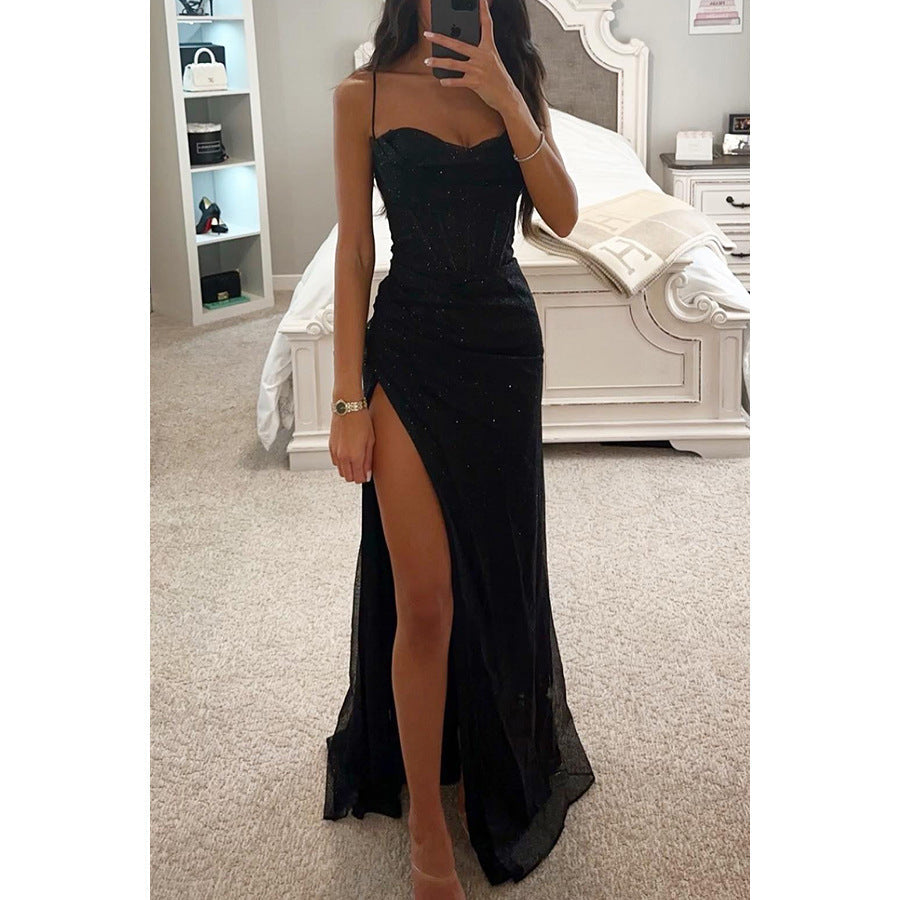 Women's V-Neck Split Maxi Dress - Elegant Sleeveless Evening Party Gown