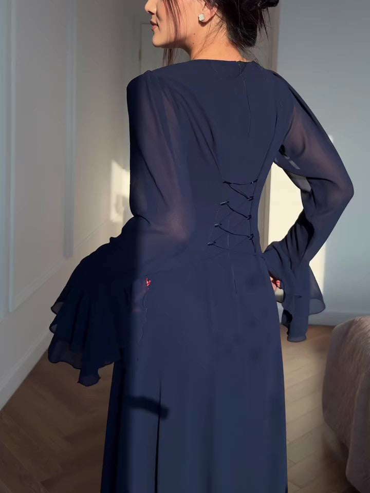 Navy Blue Trumpet Sleeve Tie Maxi Dress