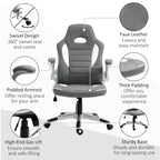 Vinsetto Computer Gaming Chair, Office Desk Swivel Chair, PU Leather Racing Chair with 90\'c2\'b0 Flip-up Armrest, Adjustable Height and Rolling Wheels, Grey