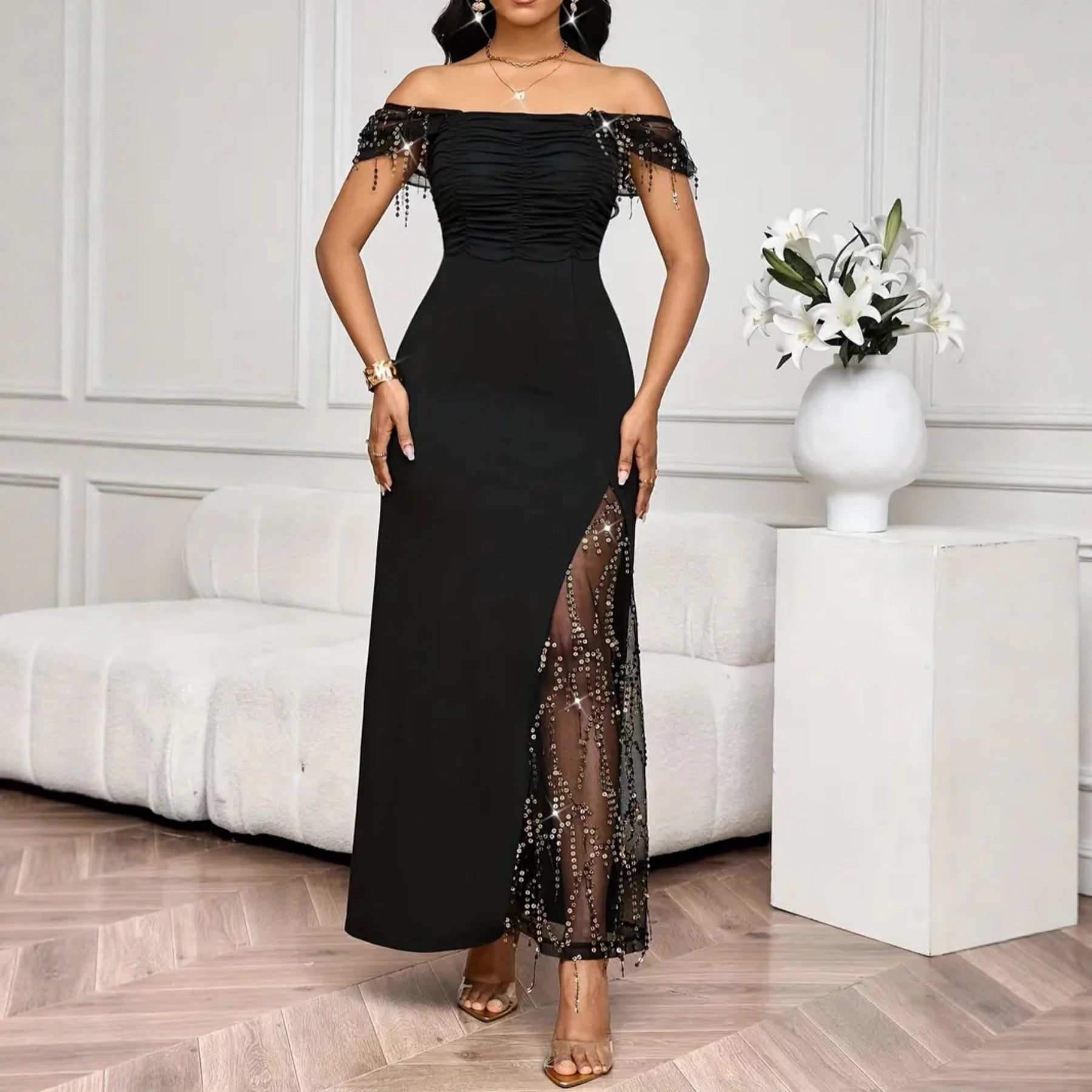 Elegant Bright Diamond Embellished Waist-cinching Slim Split Long Dress
