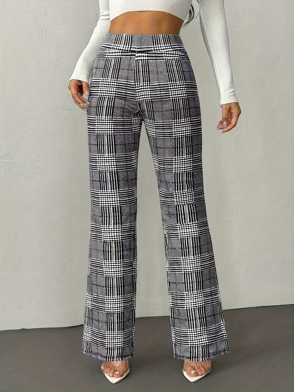 Houndstooth Wide-leg High-waisted Versatile Slim-fit Wool Straight-leg Pants
