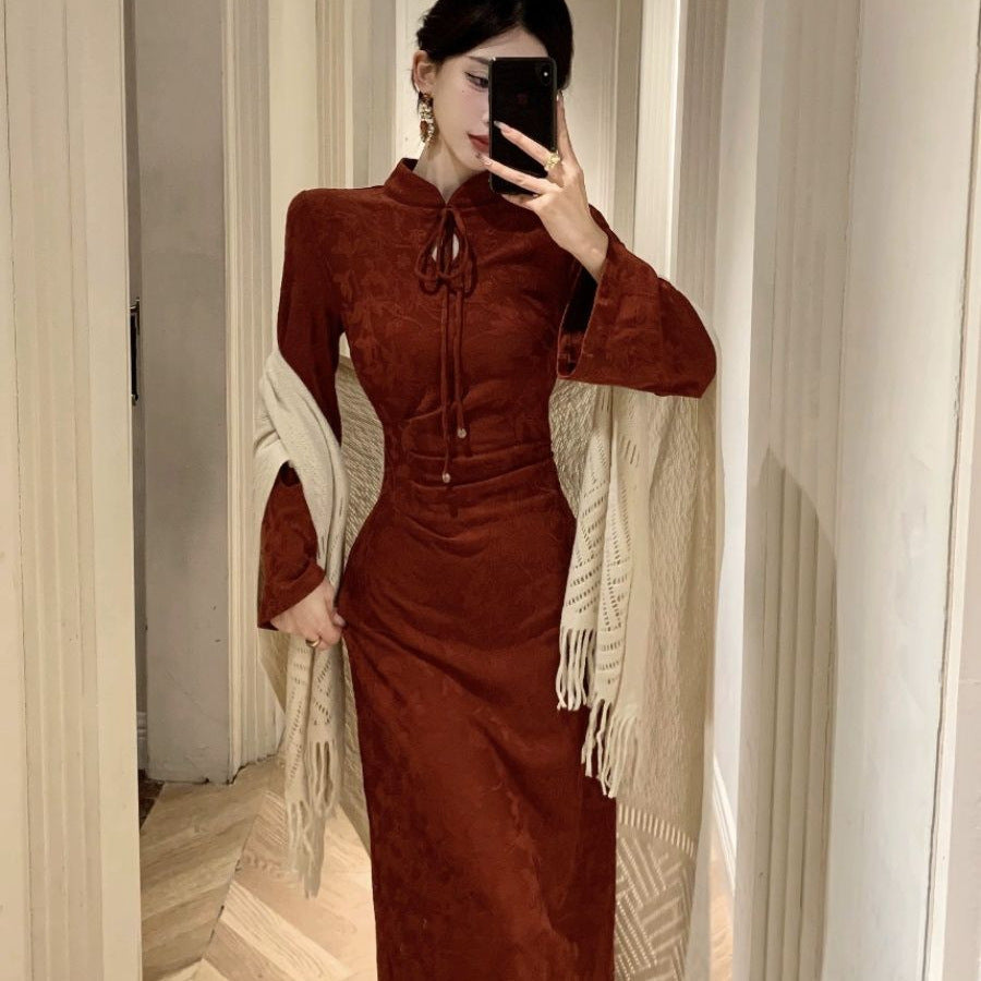 Women's New Chinese-style Jacquard Red Modified Cheongsam Dress