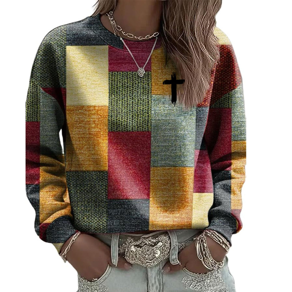 AutumnWinter Womens New Plaid Print Crew Neck Sweatshirt