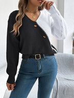 Women Casual V-Neck Button Color Block Lantern Sleeve Pullover Sweater