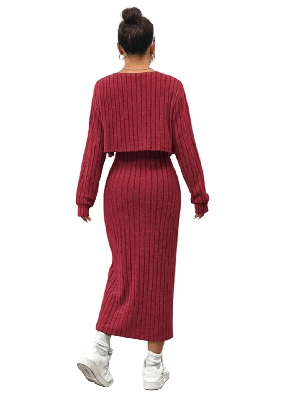 Ribbed Long Sleeve Cropped Cardigan and Slit Cami Dress Set