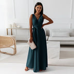 V-neck Sleeveless Dress With Belt Summer Fashion Party Club Evening Maxi Dresses For Women Clothing