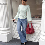 Women's Round-neck Woven Blouse With Flared Long Sleeves