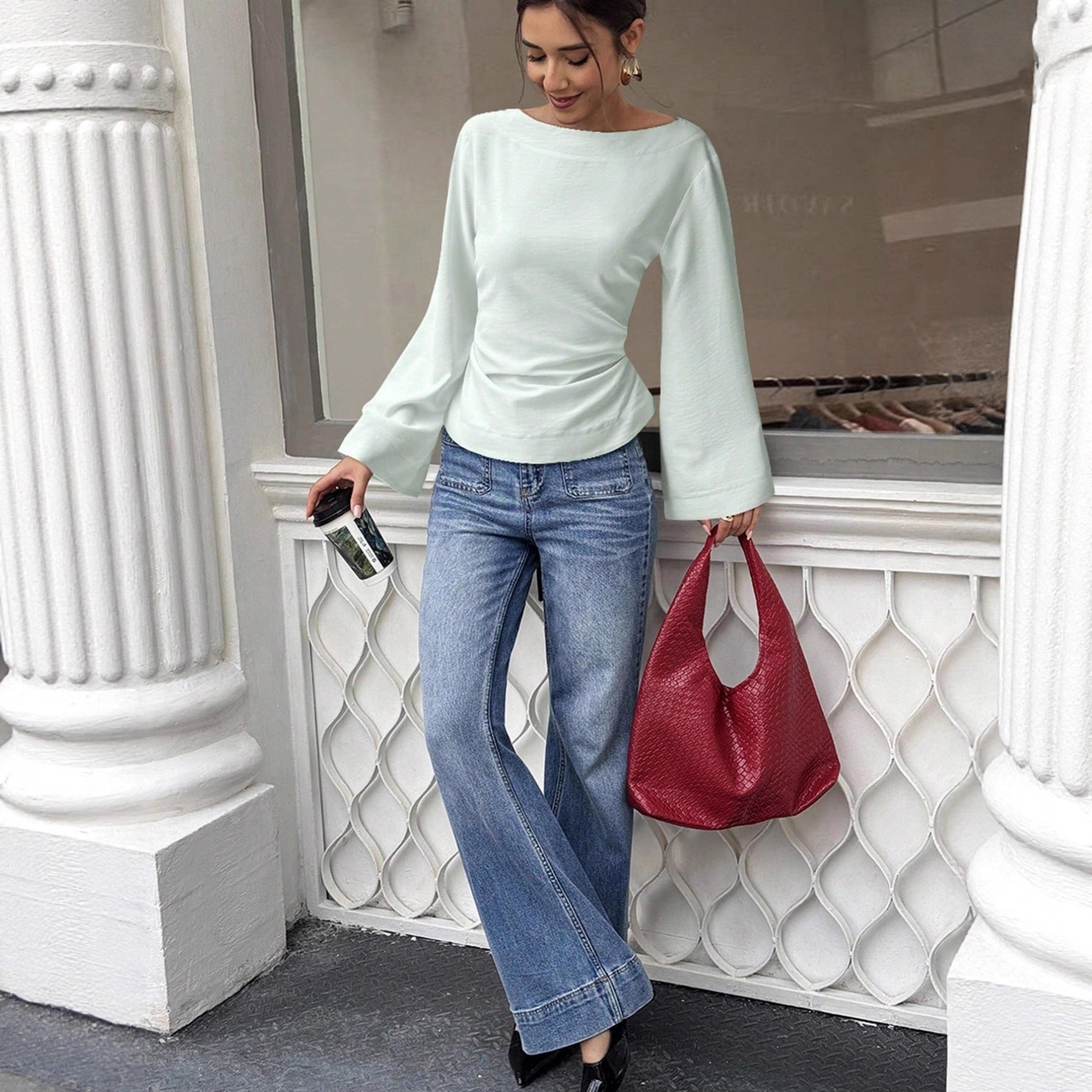 Women's Round-neck Woven Blouse With Flared Long Sleeves
