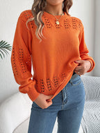 Women Casual Solid Color Hollow Out Lantern Sleeve Pullover Sweater
