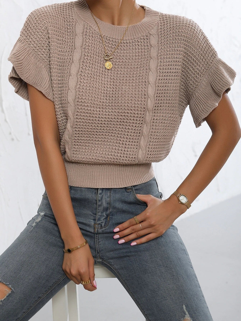 Twisted String Ruffled Short Sleeves Round Neck Knitted Pullover Knitted Sweater