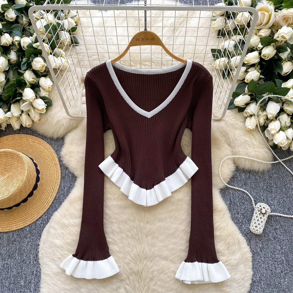Contrast-color Ruffled Striped Knit Sweater