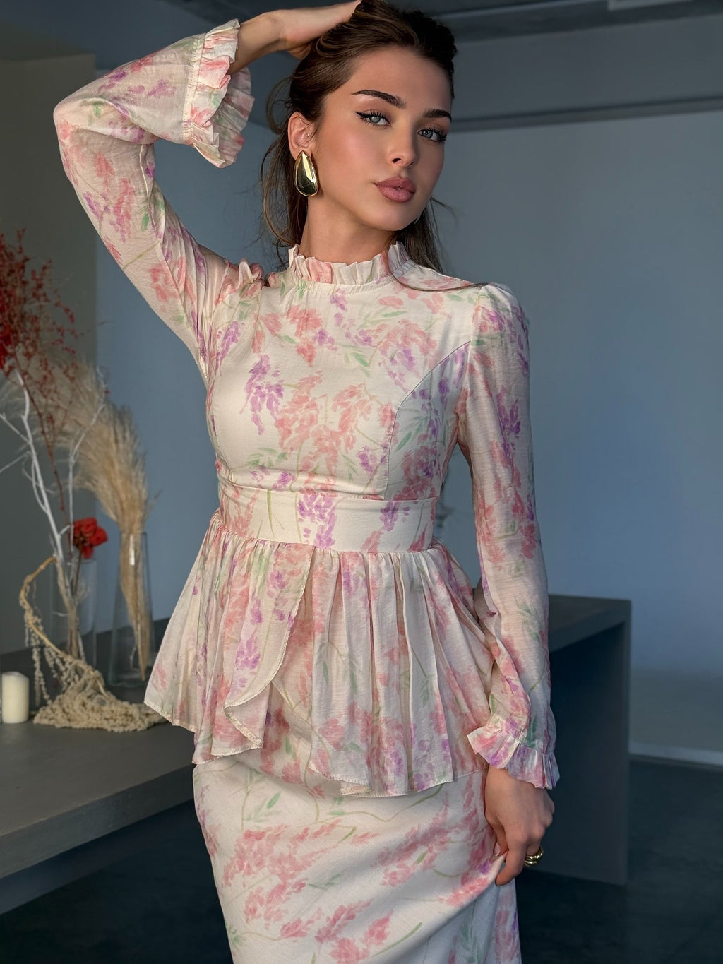 Floral Print Ruffle Top & High Waist Fishtail Skirt Set