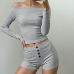 Women's Casual Long-sleeve Top Low-rise Button-front Hip-hugging Hot Pants