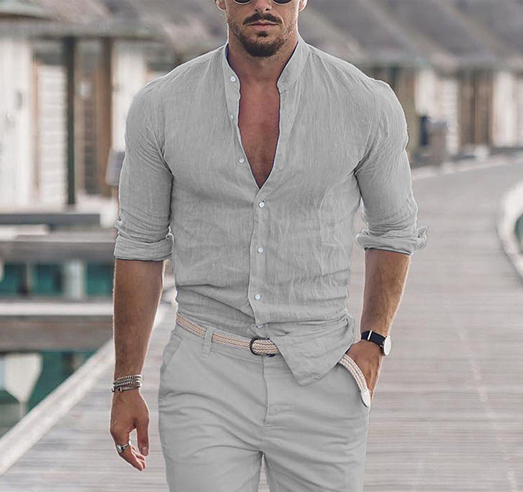 Men's Long Sleeve Shirt With Button Casual Solid Color Tops For Spring Autumn