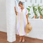 Beach Cover-up Rainbow Color Long Slit V-neck