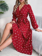 Women's Elegant Color-Blocked Polka Dot Cross V-Neck Pleated Maxi Dress